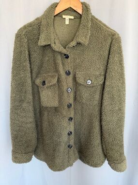 Olive Green Teddy Sherpa Jacket with Button Front - Women
